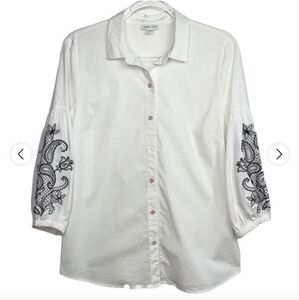 White Button Down Shirt with Black Embroidery
